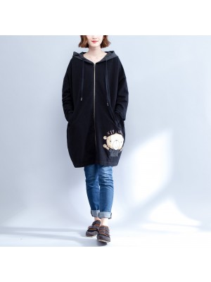 cartoon prints black cotton trench coats plus size casual thick  fit cardigans outwear